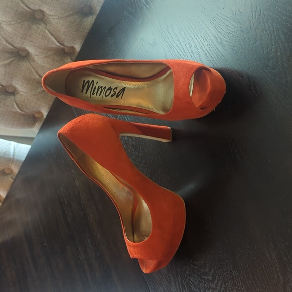 Mimosa Orange Suede Open Toe Pumps - Picture 1 of 5